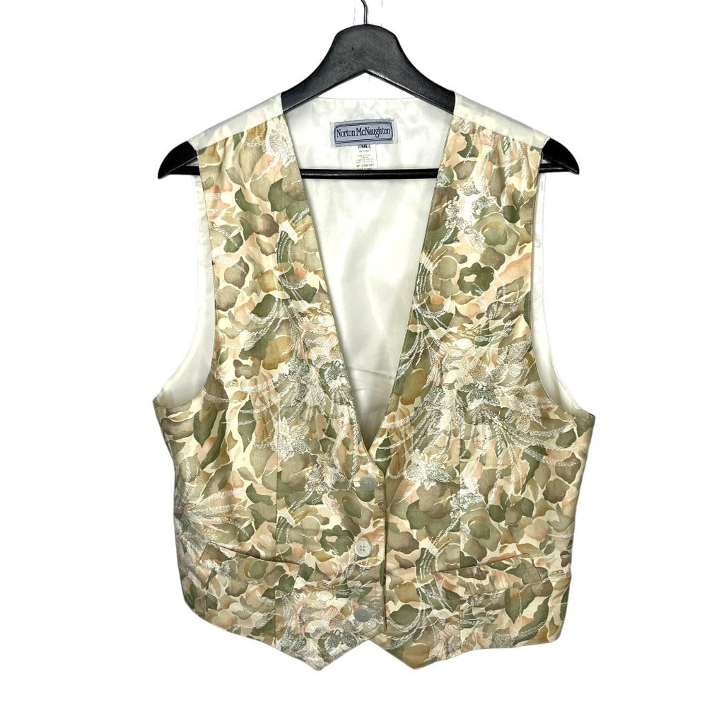 Vintage 90s Cream Green Floral Print Button Up Vest Large